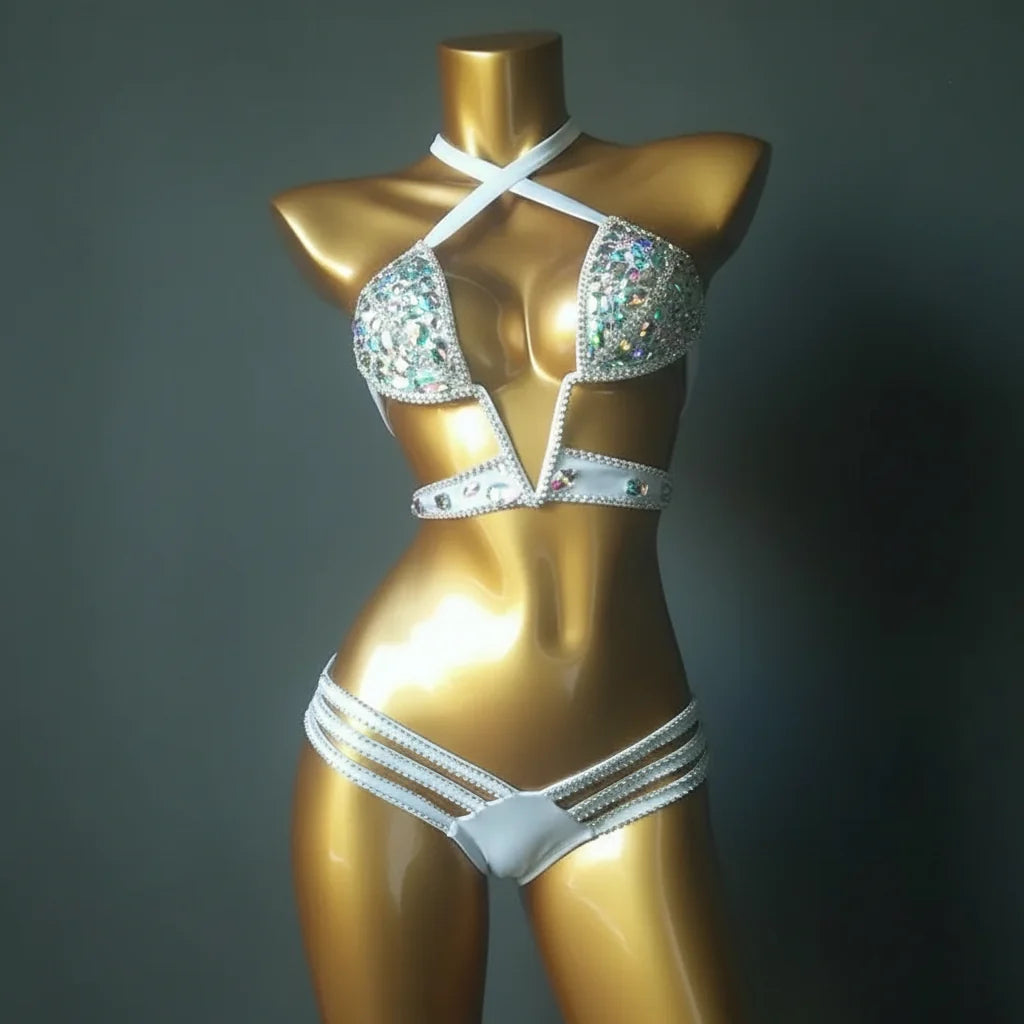 Luxury V-Neck Rhinestone Set – Shimmering Crystal Push-Up Costume Suit for Clubs & Festivals