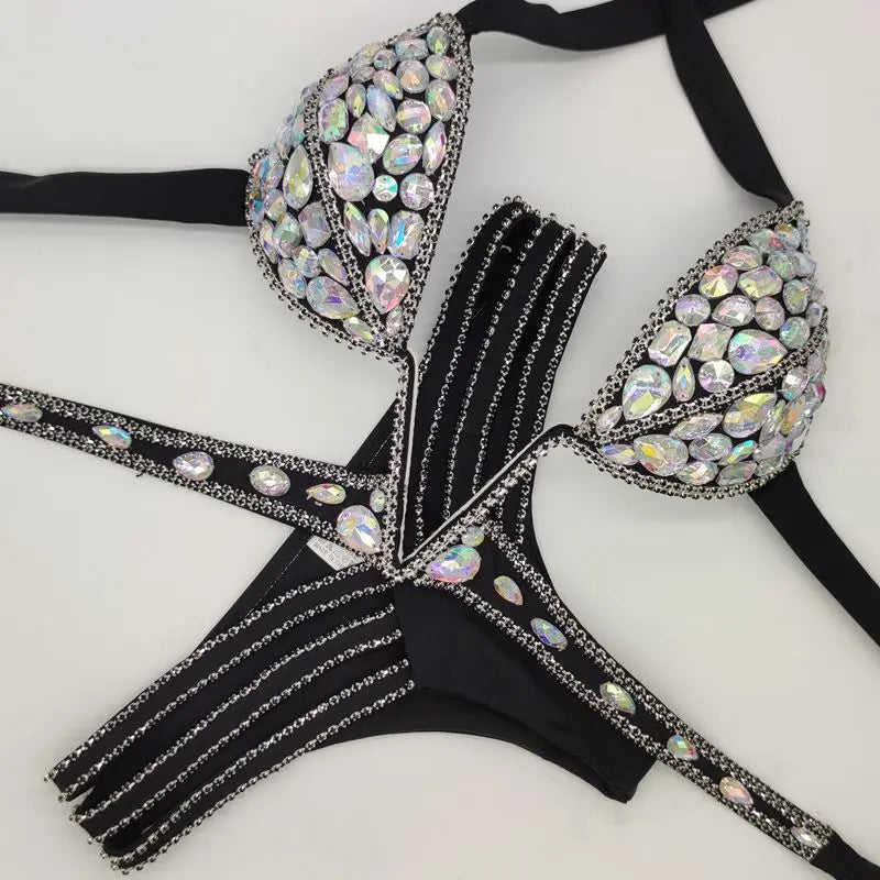 Luxury V-Neck Rhinestone Set – Shimmering Crystal Push-Up Costume Suit for Clubs & Festivals