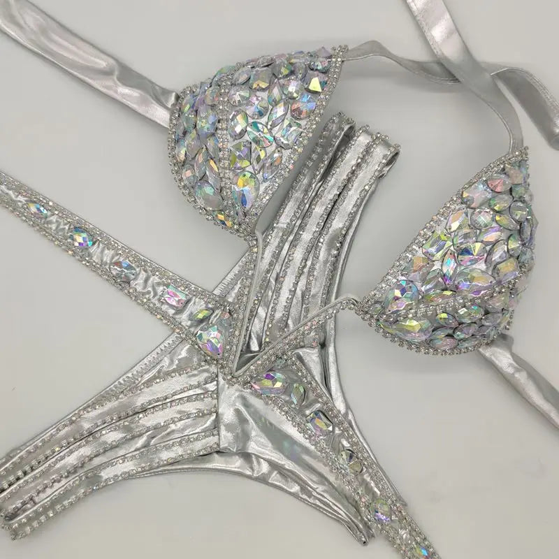 Luxury V-Neck Rhinestone Set – Shimmering Crystal Push-Up Costume Suit for Clubs & Festivals