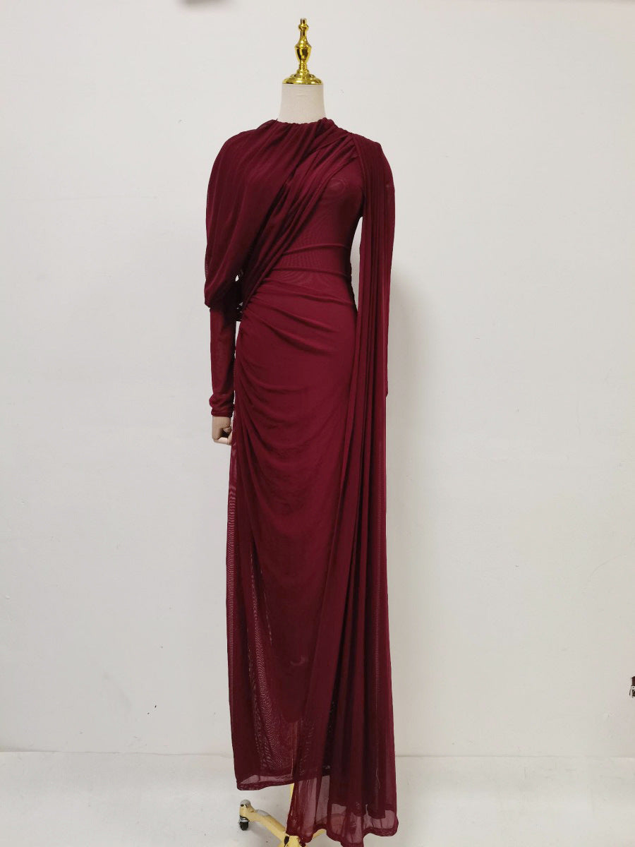 Dinner Light Luxury Formal Dress Autumn round Neck Stitching Pleated Nipped Waist Slimming Dress Women