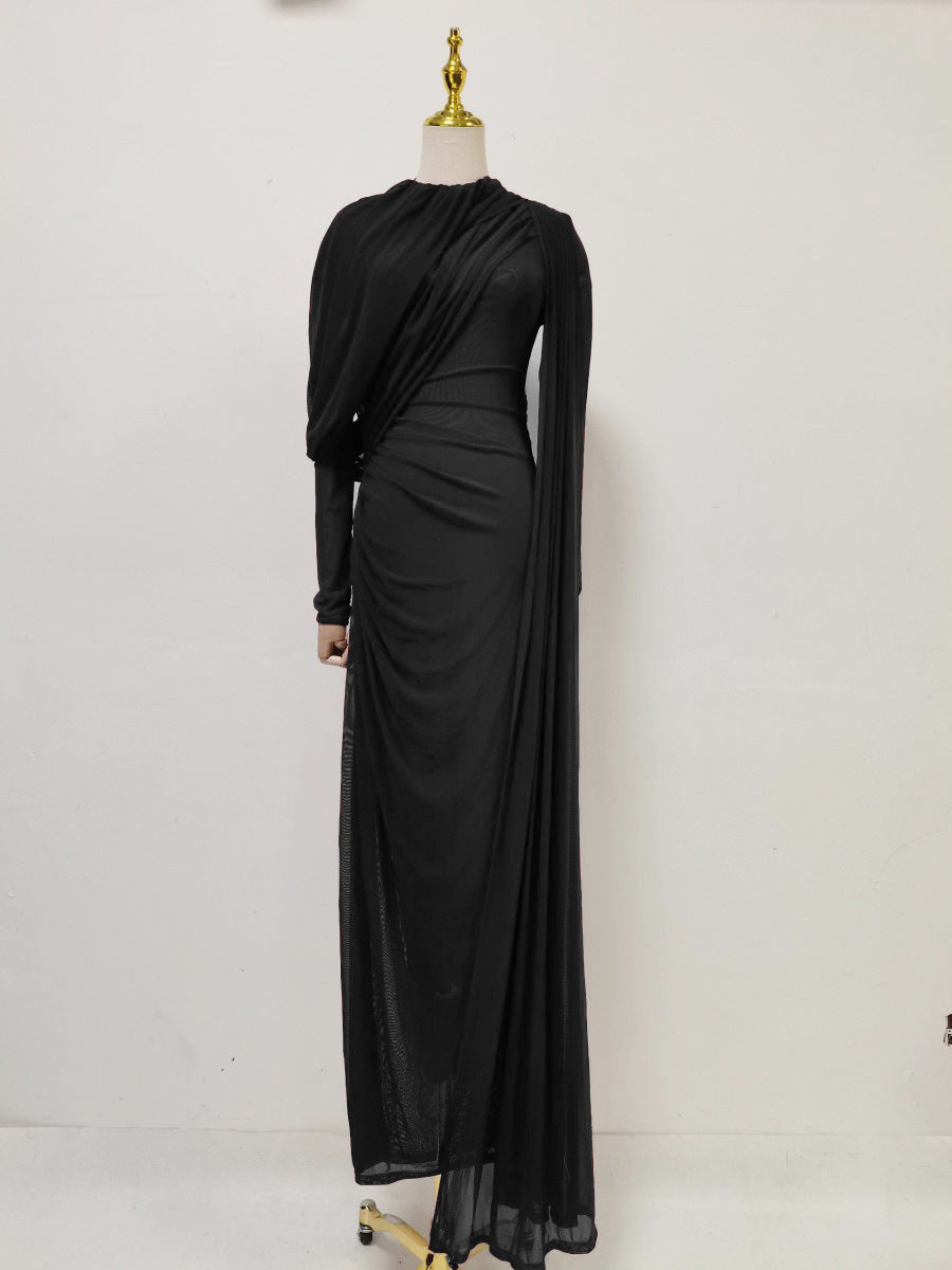 Dinner Light Luxury Formal Dress Autumn round Neck Stitching Pleated Nipped Waist Slimming Dress Women