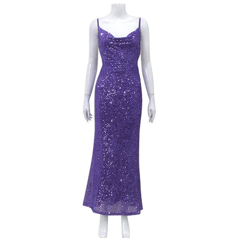 Light Luxury Sequined Evening Dress Sexy Low Cut Backless Slip Dress Slim Fit Elegant Fishtail Dress Women