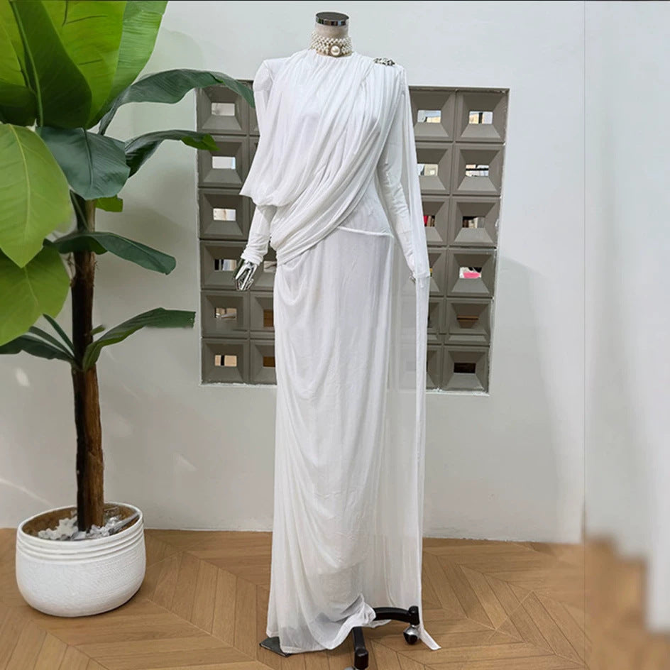 Dinner Light Luxury Formal Dress Autumn round Neck Stitching Pleated Nipped Waist Slimming Dress Women