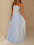 Light Blue Mesh Tube Top Maxi Dress Beach Vacations Summer Women Flowy Ethereal Light Luxury Gown Wedding Photos