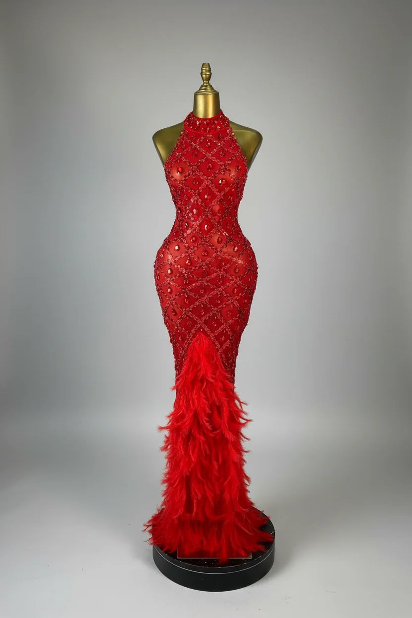 Luxury Rhinestone Crystal Turtleneck Gala Gown & Feather Hem Evening Maxi Dress