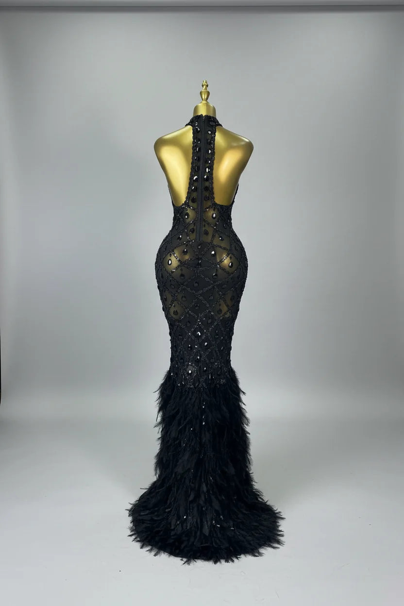 Luxury Rhinestone Crystal Turtleneck Gala Gown & Feather Hem Evening Maxi Dress