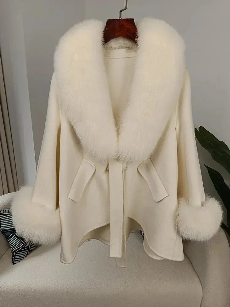 Luxury Wool Blend Cape with Detachable Fur Collar