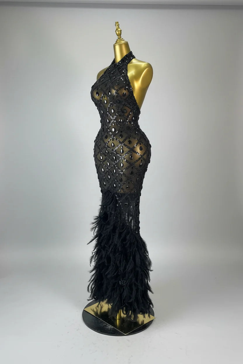 Luxury Rhinestone Crystal Turtleneck Gala Gown & Feather Hem Evening Maxi Dress