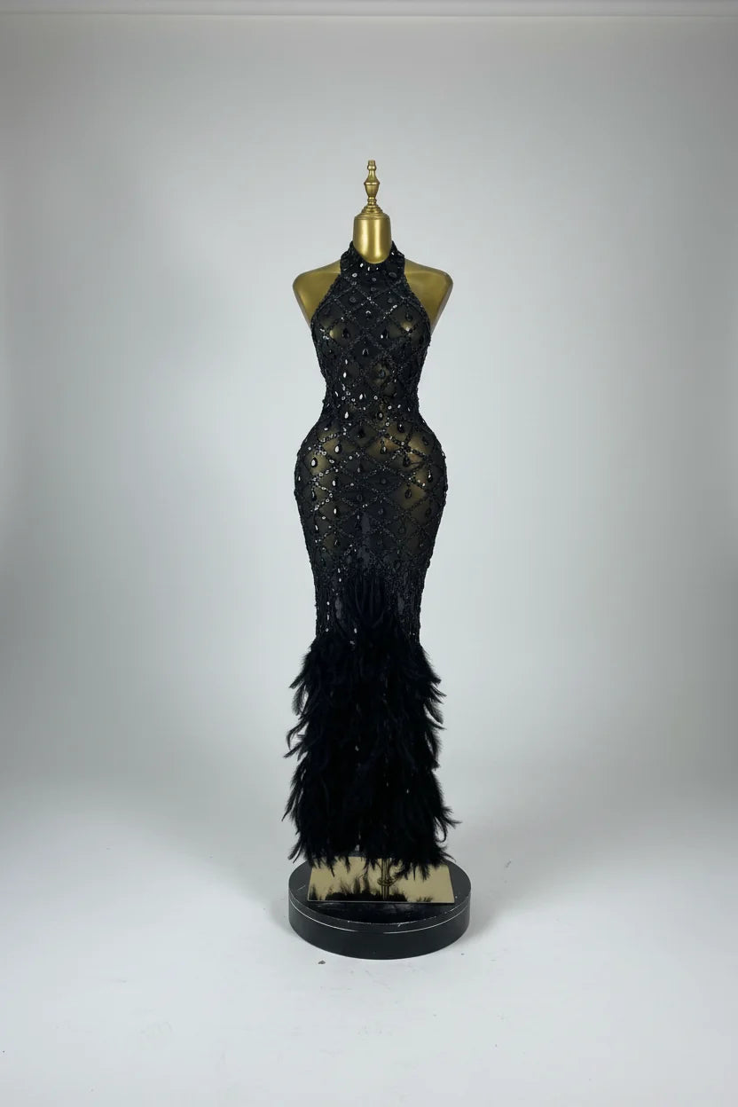 Luxury Rhinestone Crystal Turtleneck Gala Gown & Feather Hem Evening Maxi Dress