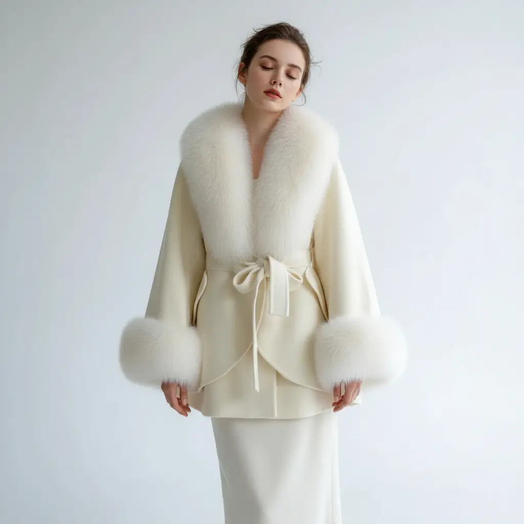 Luxury Wool Blend Cape with Detachable Fur Collar