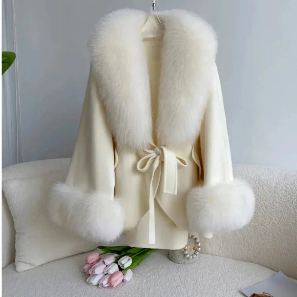 Luxury Wool Blend Cape with Detachable Fur Collar