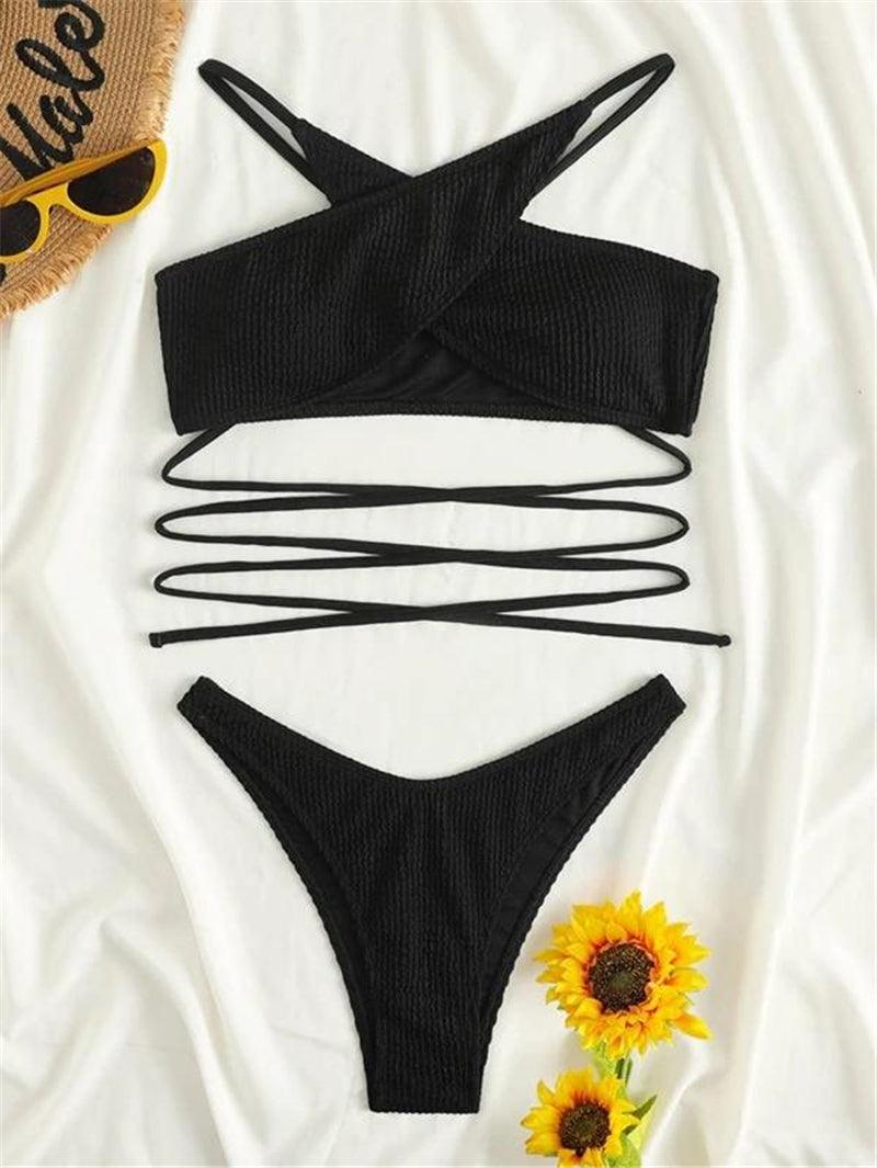 Luxury Women Black Halter Bikinis Women's Halter Bandage Bikini Bottom Push Up Swimsuits Swimsuit Women High Waist String Floral Printed 2 Piece Bathing Suits Solid Color Bikinis Sets Bathing Suit Female Beachwear
