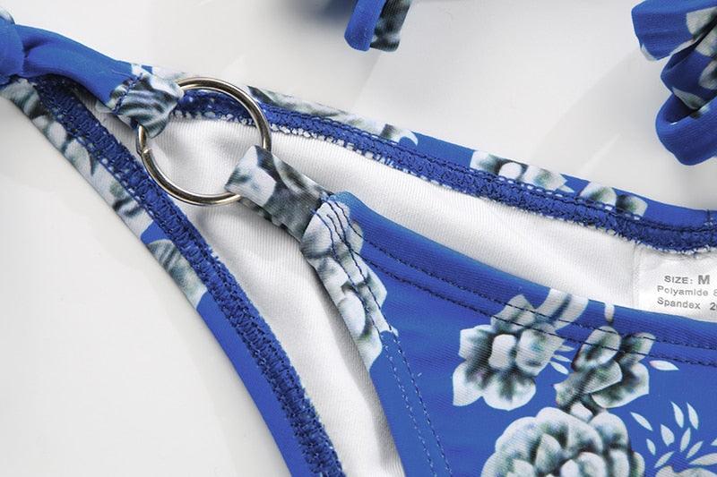 Vintage Print Bikini Female Handwork Small Ruffle Swimming Suit For Women Swimwear High Cut Bikini Set String Print Halter String Triangle Bikini Set Luxury Swimwear Two Piece Swimsuit