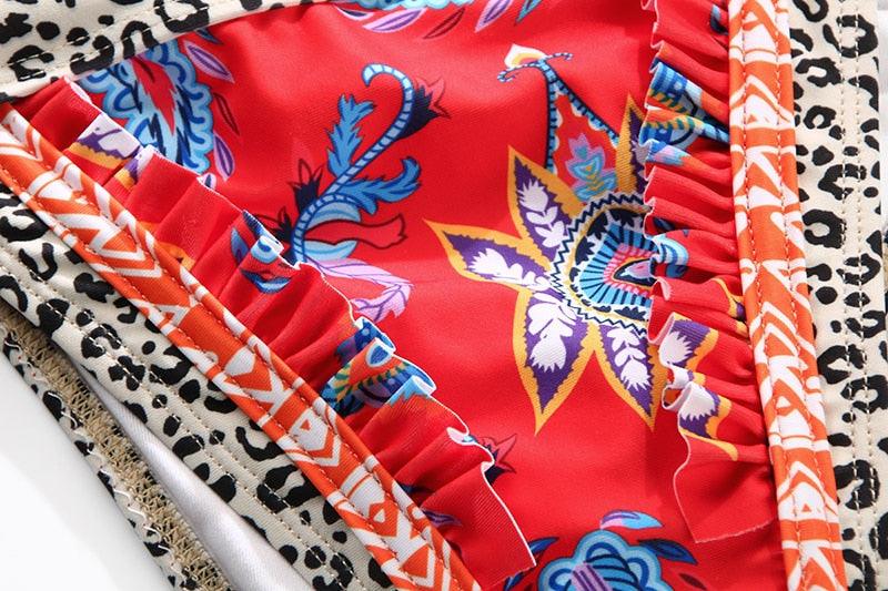 Vintage Print Bikini Female Handwork Small Ruffle Swimming Suit For Women Swimwear High Cut Bikini Set String Print Halter String Triangle Bikini Set Luxury Swimwear Two Piece Swimsuit