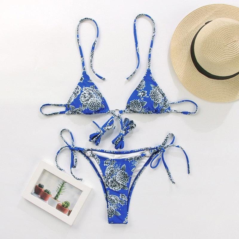 Vintage Print Bikini Female Handwork Small Ruffle Swimming Suit For Women Swimwear High Cut Bikini Set String Print Halter String Triangle Bikini Set Luxury Swimwear Two Piece Swimsuit
