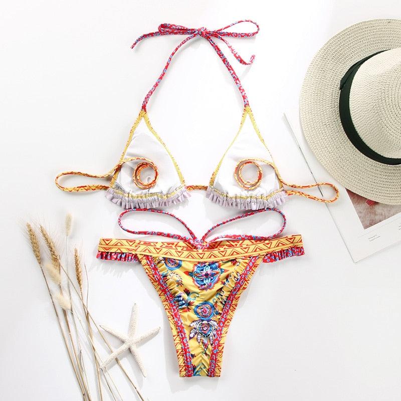Vintage Print Bikini Female Handwork Small Ruffle Swimming Suit For Women Swimwear High Cut Bikini Set String Print Halter String Triangle Bikini Set Luxury Swimwear Two Piece Swimsuit