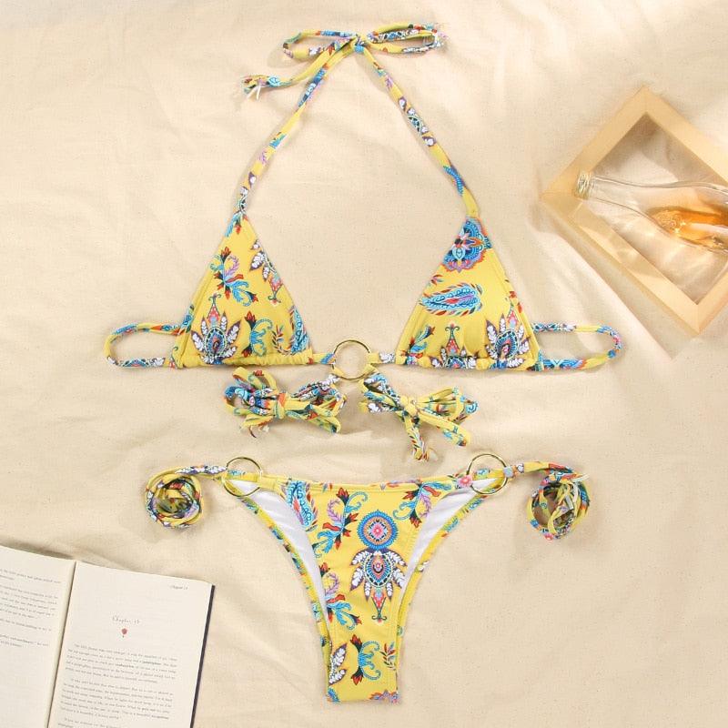 Vintage Print Bikini Female Handwork Small Ruffle Swimming Suit For Women Swimwear High Cut Bikini Set String Print Halter String Triangle Bikini Set Luxury Swimwear Two Piece Swimsuit