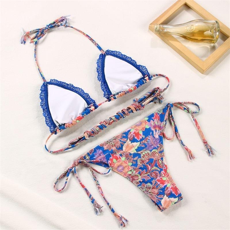 Vintage Print Bikini Female Handwork Small Ruffle Swimming Suit For Women Swimwear High Cut Bikini Set String Print Halter String Triangle Bikini Set Luxury Swimwear Two Piece Swimsuit